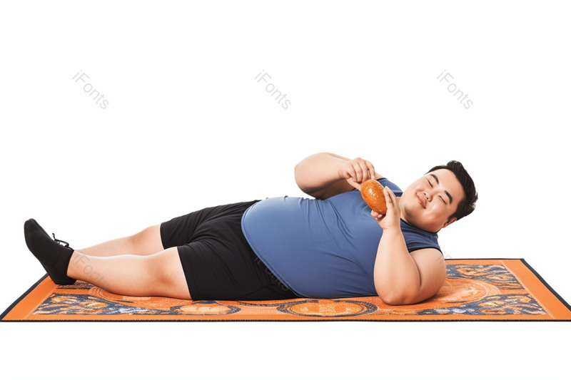 笑容肥胖男生躺在瑜伽垫上吃零食,高清,摄影图,摄影图片,图片大全,摄影图免费下载